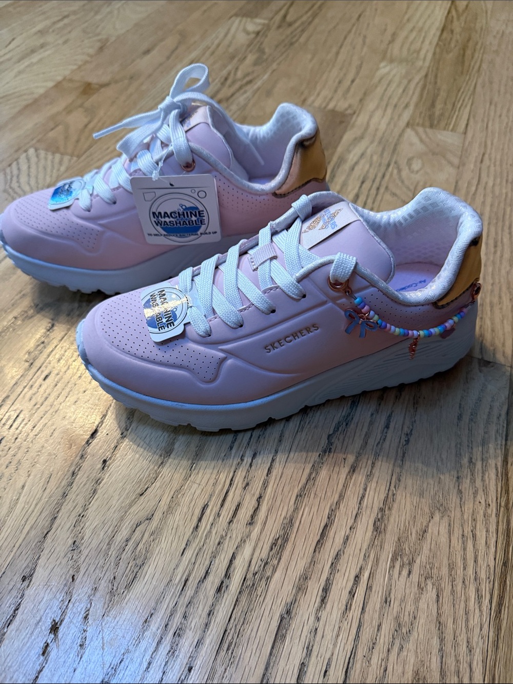 Skechers Girls Light Pink Lace-Up Sneakers with Rose Gold Heel